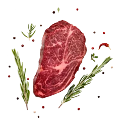  Fresh marbled beef rib eye steak and spices on transparent background © colnihko
