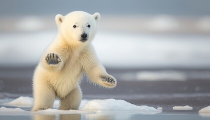 A Majestic of a Polar Bear Cub Playing on the Arctic Tundra generative ai - obrazy, fototapety, plakaty