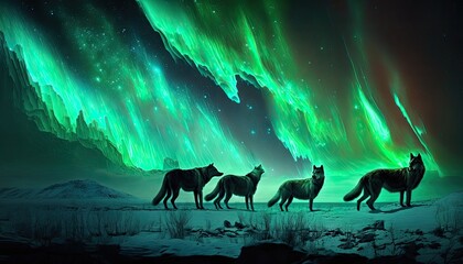 A Majestic Wolf Pack Hunting Under the Northern Lights  generative ai
