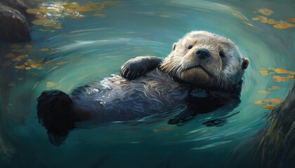 A Playful Sea Otter Floating on its Back in a Serene Ocean Cove generative ai