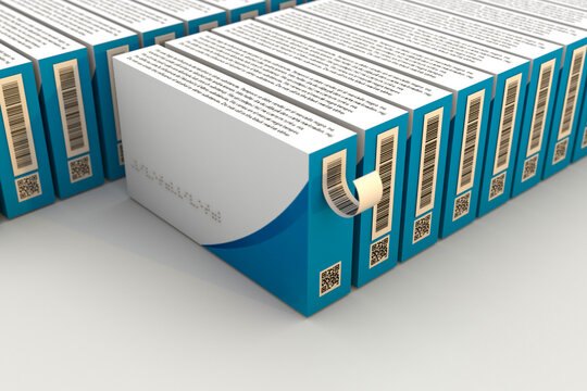 Pharma Serialization concept with medicine box and label bar code. 3d render