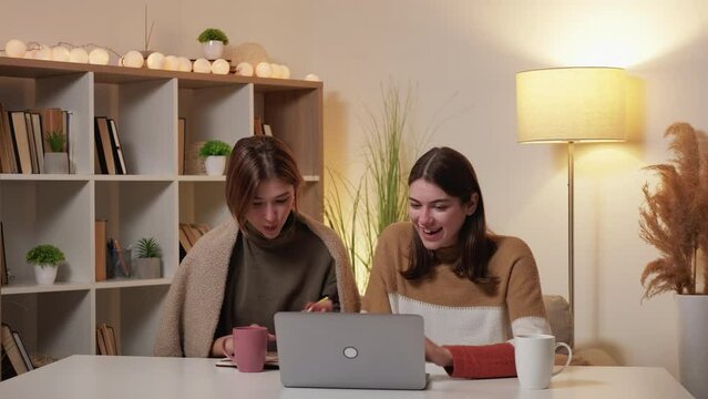 Home education. Excited friends. Network research. Happy inspired women give five finding decision together in laptop sitting light room interior.