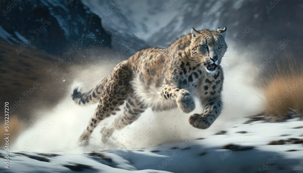 Wall mural a snow leopard pouncing on its prey in the himalayas generative ai