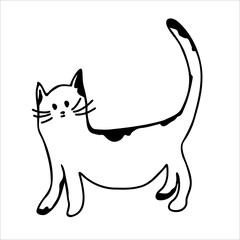 Cute spotted cat. Vector black and white hand-drawn doodles. Template, coloring book design, clipart, logo, sketch, icon.