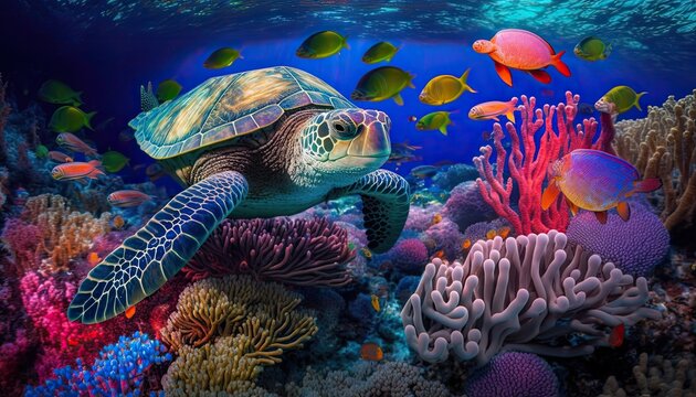 A Vibrant Coral Reef with Schools of Rainbow-Colored Fish and a Sleeping Sea Turtle generative ai