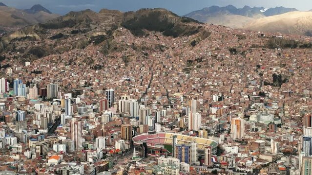 La Paz Bolivia Stadium, Aerial Above Hernando Siles in Miraflores Town, Capital City, Slum in Latin American Neighborhood in Andean Cordillera Mountain Range