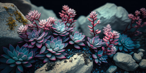Colorful succulents on rocks. Generative AI