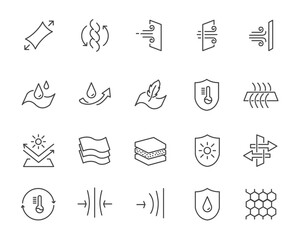 Fabric feather feature waterproof uv light antibacterial. Cotton temperature lightweight vector breathable material sign.