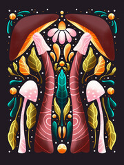 Mushrooms and flowers motifs in symmetry art style. Colorful illustration with floral elements, mushrooms and stars decoration.