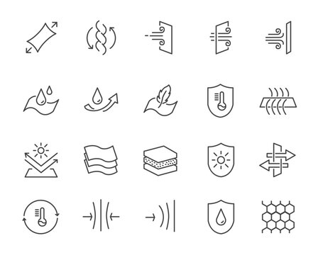 Fabric feather feature waterproof uv light antibacterial. Cotton temperature lightweight vector breathable material sign.