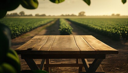 Large green soy plantation and wooden table. Generative AI. - obrazy, fototapety, plakaty