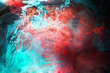 Emerald red ink abstract background. Acrylic paint backdrop for perfume, hookah, cosmetics. Mysterious smoke clouds, colorful fog