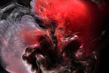 Red black ink abstract background. Acrylic paint backdrop for perfume, hookah, cosmetics. Mysterious smoke clouds, colorful fog © amixstudio