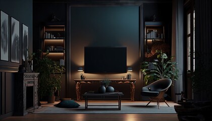 Modern dark home interior background with TV, flowers, carpet, and candles. Generative AI.