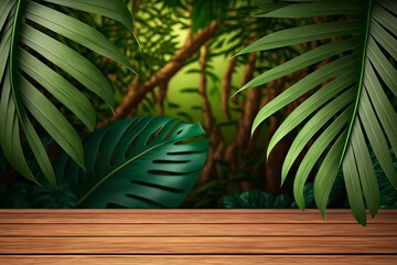Empty wooden podium for product display on green tropical leaves background. Generative AI illustration
