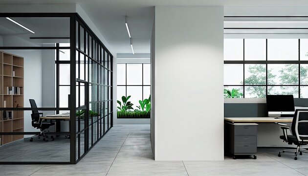 Modern urban company office indoor building interior with workstation and empty white wall. Generative AI.