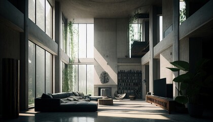 The interior design of the living room, loft big space, and skylight. Generative AI.