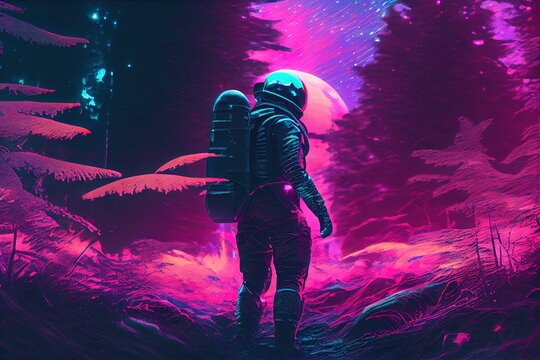 Generative AI illustration of back view of unrecognizable astronaut in protective helmet and spacesuit walking in fantasy purple forest against starry night sky
