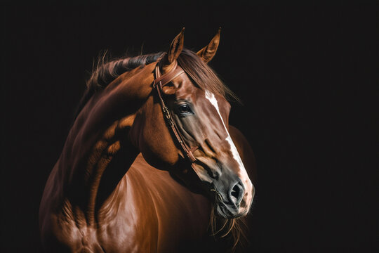 Elegant Horse Portrait On Black Backround. Horse On Dark Backround. - Generative AI