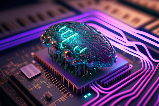 Cybernetic brain artificial intelligence from chips with holographic glowing structures. Futuristic technology concept. Generative AI illustration