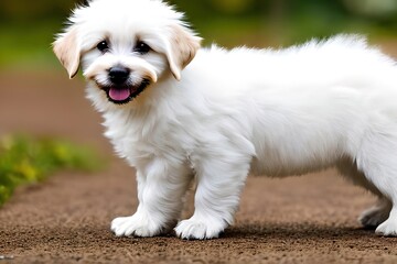 Cute puppy dog ​​portrait of the breed of Bichón maltés. Maltese. Close up. Beautiful dog photo ideal for advertising spot, banner and advertising. Generative Ai

