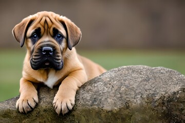 Fototapeta premium Cute puppy dog ​​portrait of the breed of Brazilian Bull Mastiff. Close up. Beautiful dog photo ideal for advertising spot, banner and advertising. Generative Ai 