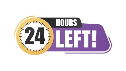24 hours left. Countdown timer. Clock icon. Count time sale.