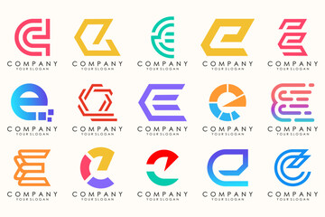 Abstract logos mega collection with letters E. Geometrical abstract logos