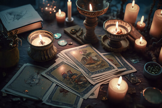Tarot cards scattered on the table with some tarot ritual objects. Generative AI
