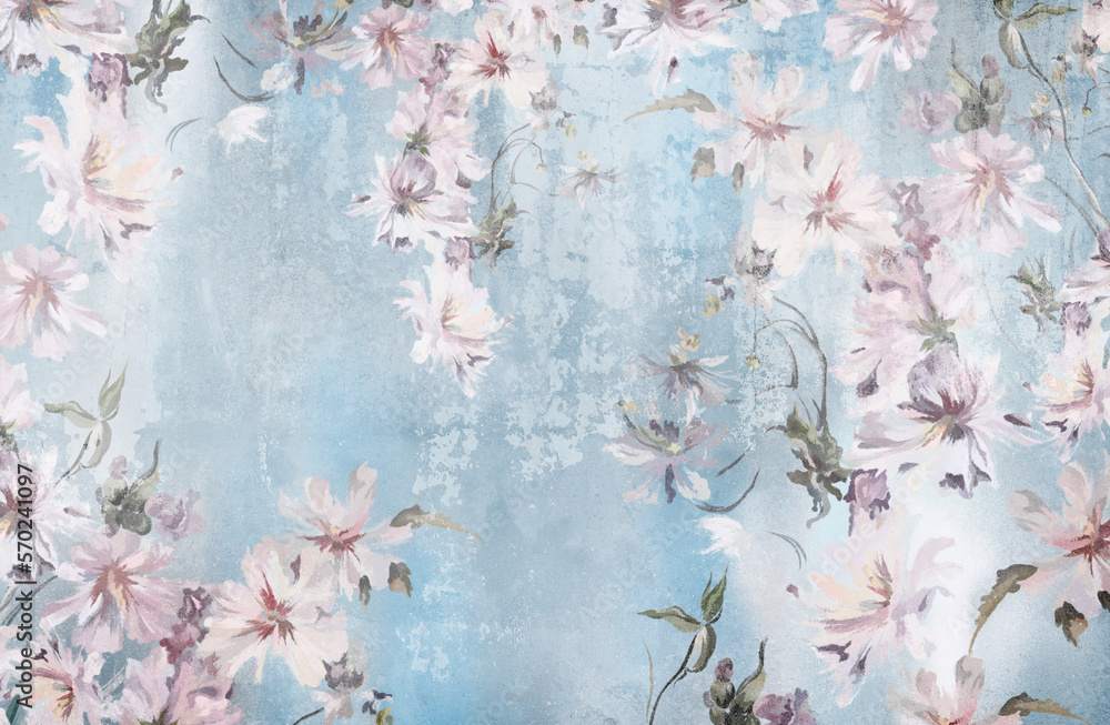 Wall mural flowers on a textural background, art drawing, photo wallpaper in light colors