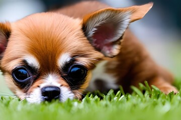 Cute puppy dog ​​portrait of the breed of Chihuahua. Chihuahueño. Close up. Beautiful dog photo ideal for advertising spot, banner and advertising. Generative Ai
