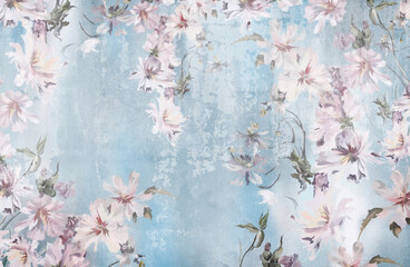 Flowers on a textural background, art drawing, photo wallpaper in light colors