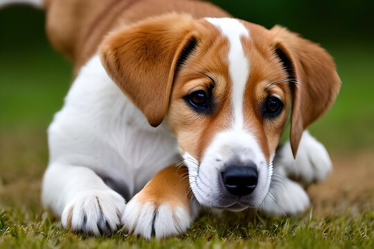 Cute puppy dog ​​portrait of the breed of English Foxhound. Close up. Beautiful dog photo ideal for advertising spot, banner and advertising. Generative Ai

