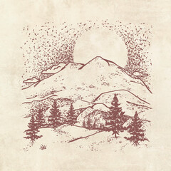 Mountain landscape at sunset pine