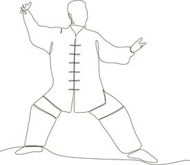 Single line drawing of young wushu fighter, kung fu master in uniform training tai chi stances in dojo center. fight. Trendy one line draw design vector