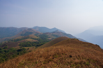 beautiful view of Western ghats mountain range seen from Devarmane Peak, Karnataka, India.