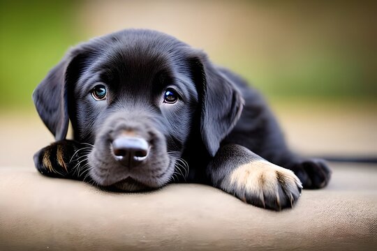 Cute puppy dog ​​portrait of the breed of Labrador Retriever. Close up. Beautiful dog photo ideal for advertising spot, banner and advertising. Generative Ai
