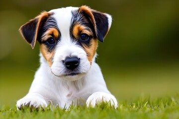 Cute puppy dog ​​portrait of the breed of Jack Russel Terrier. Close up. Beautiful dog photo ideal for advertising spot, banner and advertising. Generative Ai
