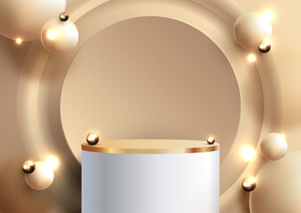 3D realistic luxury style white podium with golden circles backdrop