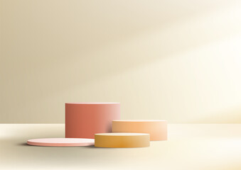 3D realistic group of cylinder podium stand with lighting ninimal wall scene on beige background