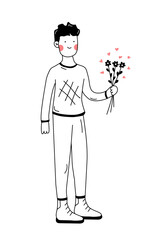 Guy is holding bouquet of flowers in his hand. Hand drawn sketch doodle style. Line scribble of young man vector illustration. Concept of romantic drawing expressing feelings.