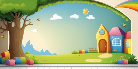 Kindergarten or preschool colorful banner with empty copy space background
