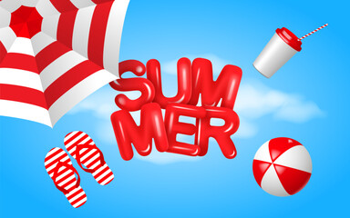 Summer vacation poster. Composition with lifebuoy, beach ball, coffee cup, beach umbrella and 3d text SUMMER. Hello summer concept