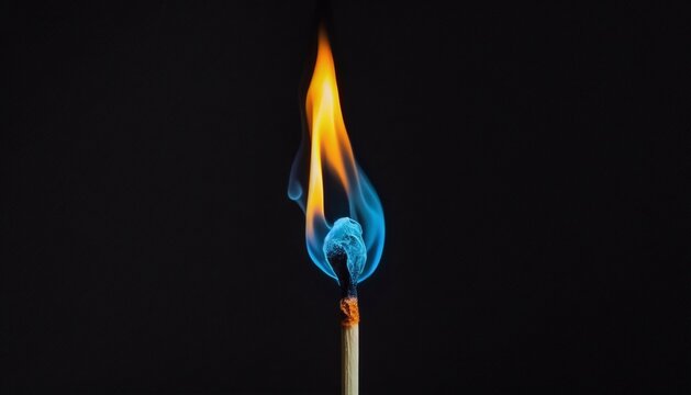 One wooden match with a blue flame, on a black background. Generative AI.