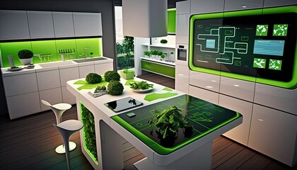 Futuristic kitchen interior design. Generative AI illustration. 