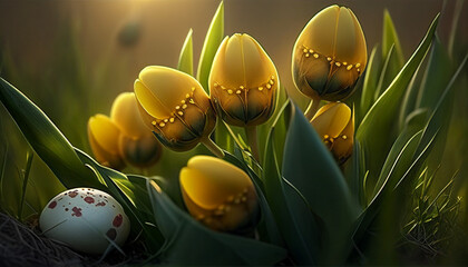 Spring tulips with Easter eggs and beautiful depth of field. 