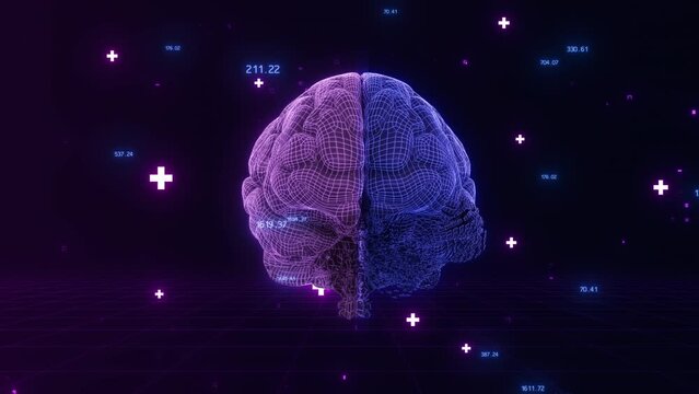 AI Technology Brain on Map World Loop. 3D rendering. This work is AI brain transformation and plexus connection technology on a seamless loop background.