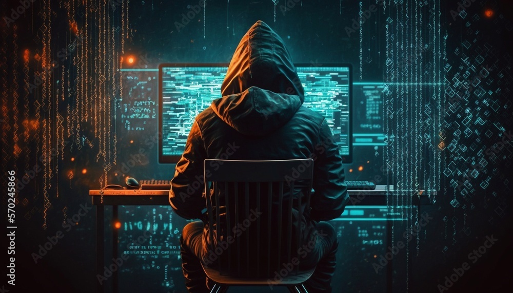 Poster a hooded hacker sits at his computer, rear view. generative ai.