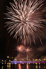 Beautiful fireworks exploded over the Dong river in DongGuang, china. Chinese New Year and Lantern Festival Festival celebration.