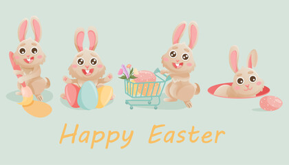 Happy Easter greeting card with cute bunny, eggs, flowers. Vector rabbit character set. Animal wildlife holidays cartoon